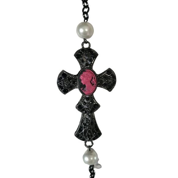 Off Park Collection Faux Crystal Pearl Cameo Necklace Black Gunmetal 36" - Picture 4 of 4